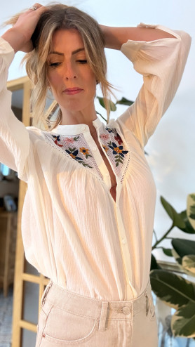 CHEMISIER BRODERIE FLEUR BLANC